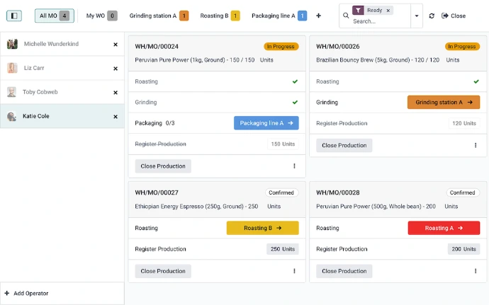 Ordre de fabrication dans Odoo Production avec ses composants et ses opérations