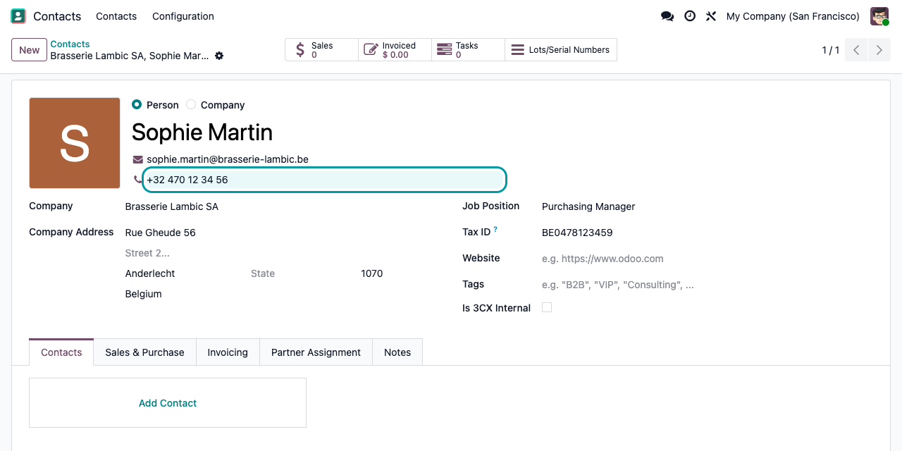 Appel entrant du +32 470 12 34 56 : Odoo ouvre le contact Sophie Martin