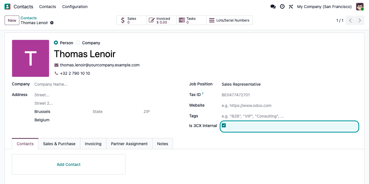 Fiche contact : la case Is 3CX Internal identifie un collègue dont les appels ne doivent pas ouvrir de fiche contact