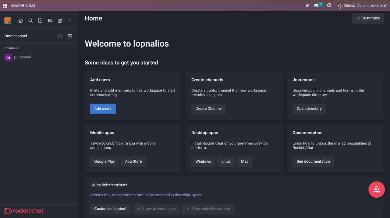 Espace de travail Rocket.Chat affiché dans Odoo via l’application Rocket Chat (capture sur Odoo 16)