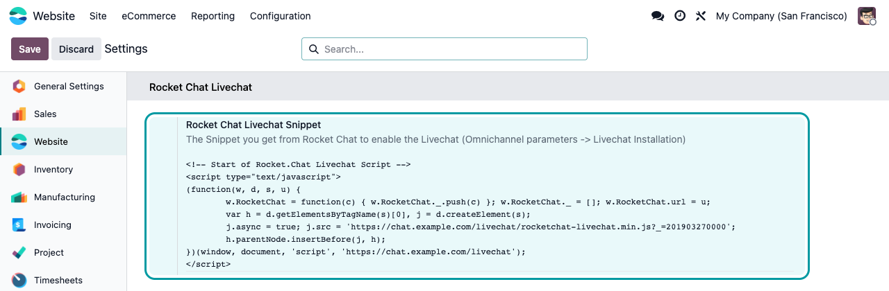 Paramètres du site web : le champ Rocket Chat Livechat Snippet avec le script copié depuis Rocket.Chat