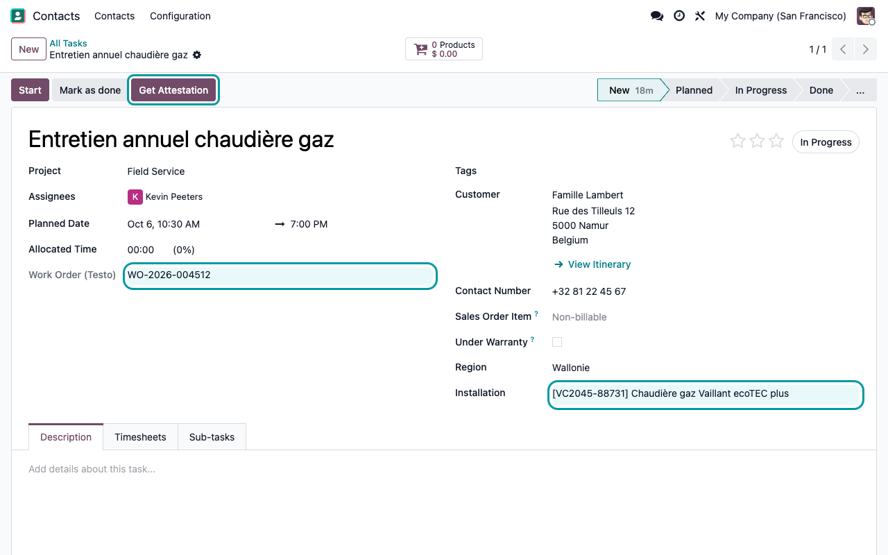 Avant : numéro d’ordre de travail testo et bouton Get Attestation