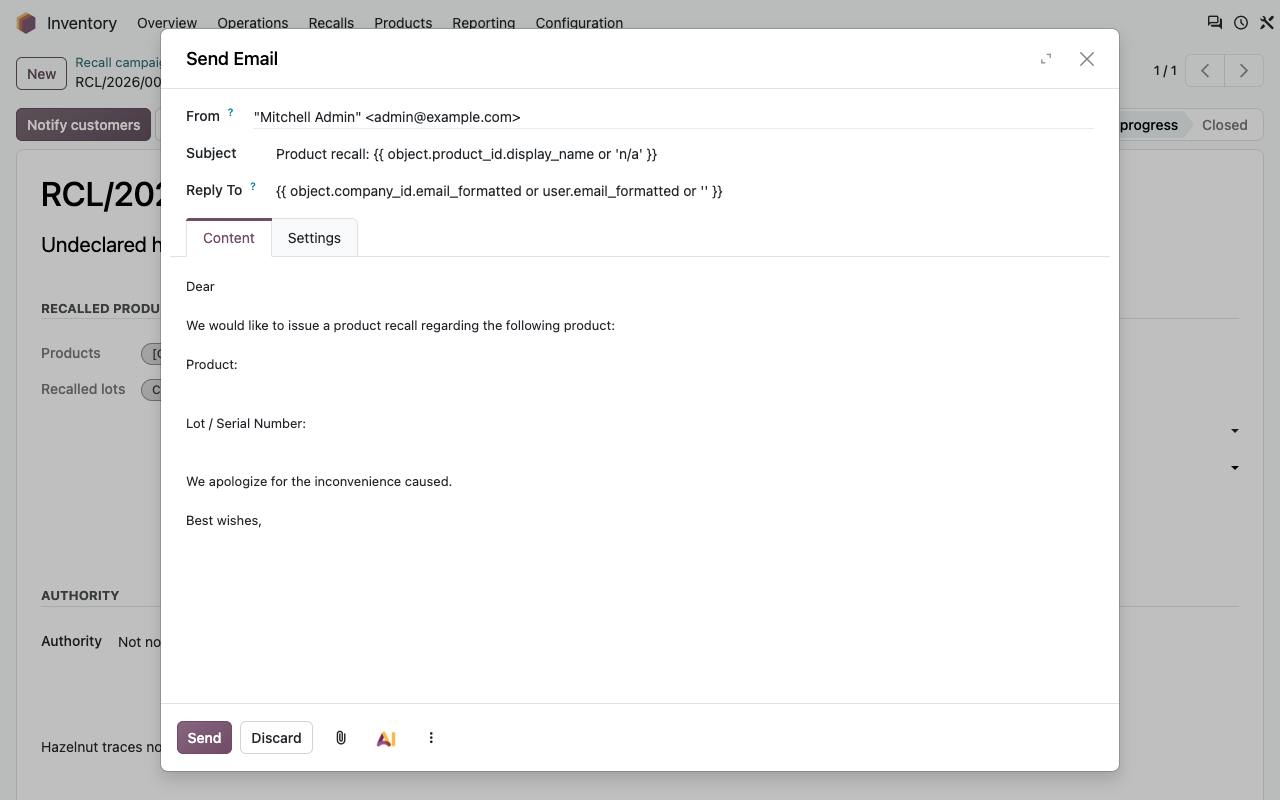 The Odoo 20 recall email composer opened from a recall campaign