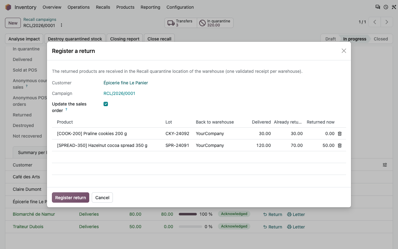 Register a return: delivered, already returned and returned now, per lot