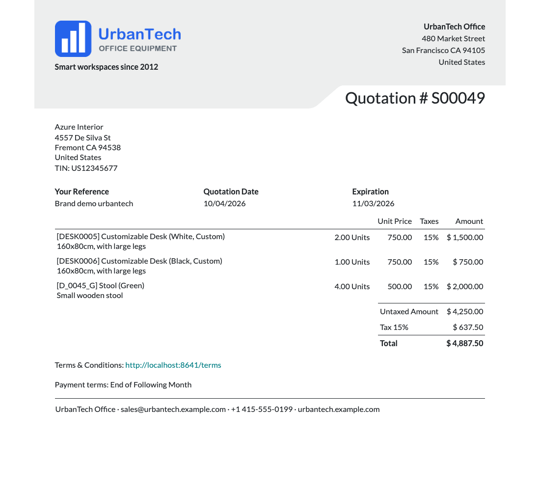 Devis provenant du site web de la boutique UrbanTech, imprimé avec la marque UrbanTech sur la mise en page Folder