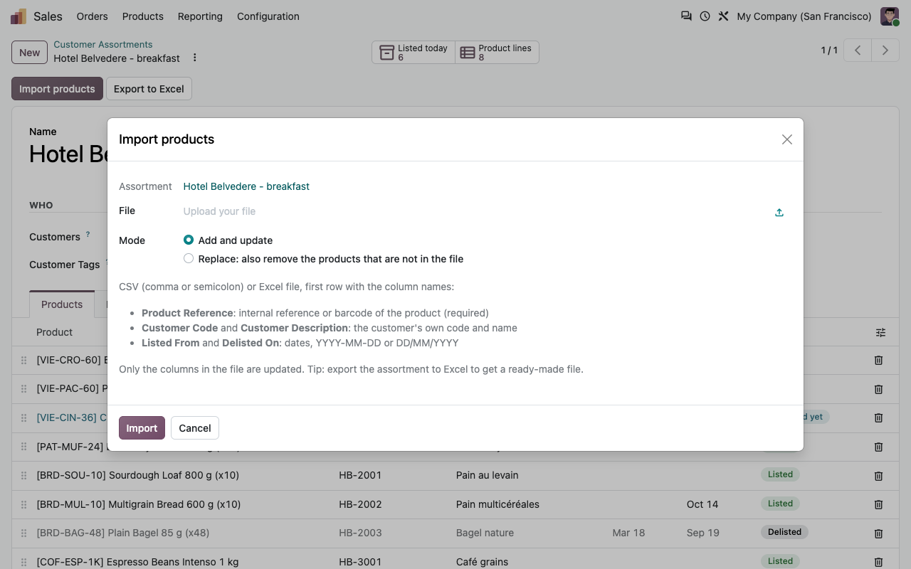 Import de lignes d’assortiment depuis un fichier CSV ou Excel