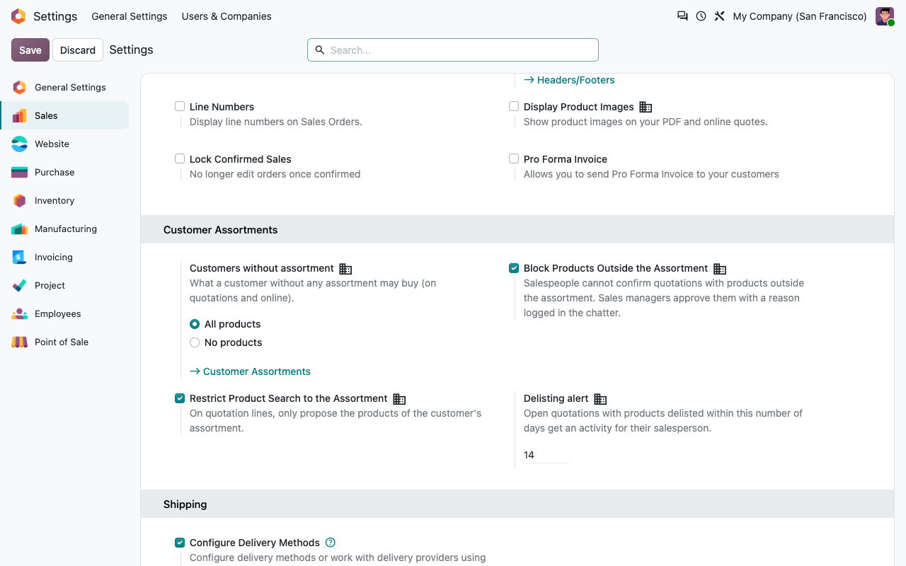 Paramètres des ventes : section Assortiments clients