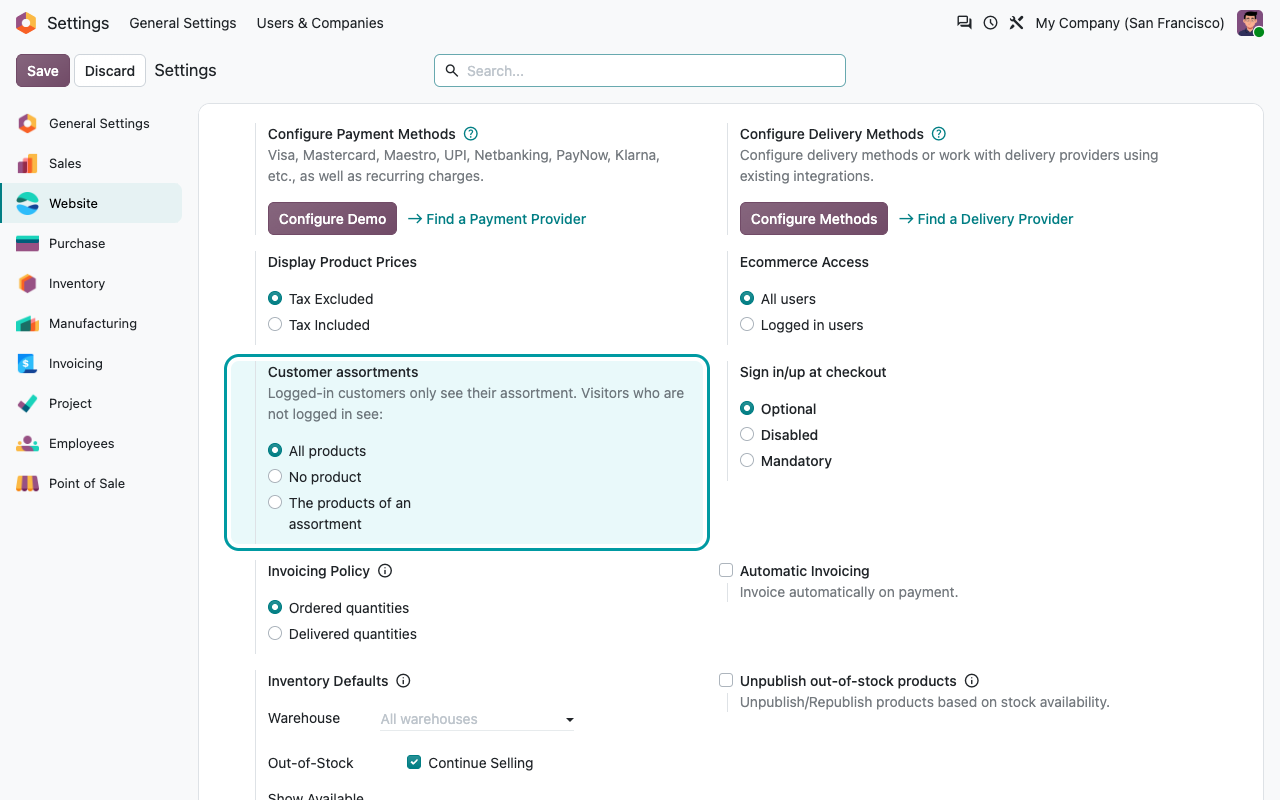 Paramètres du site web : assortiments clients