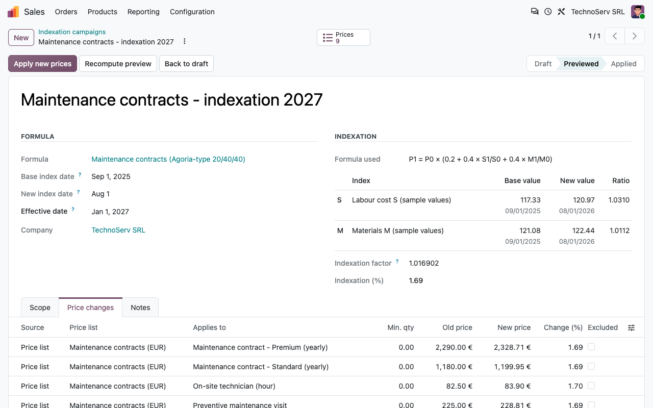 Indexation campaign: the formula, the index values, the indexation factor and the new prices