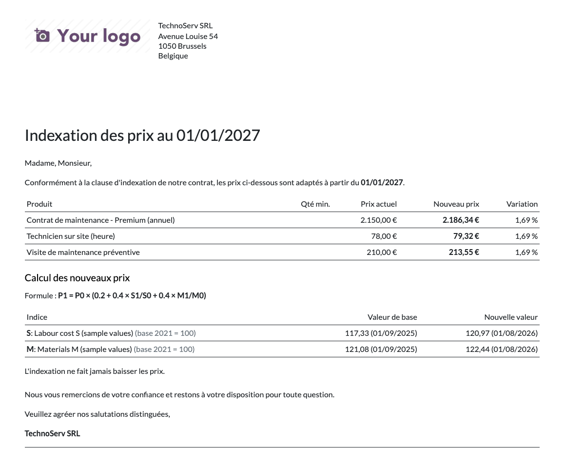 Letter for a French-speaking customer: new prices, formula and index values