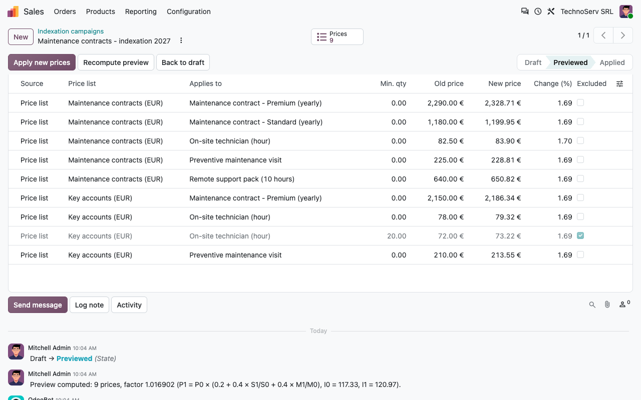 Preview of the new prices per price list, with one excluded line