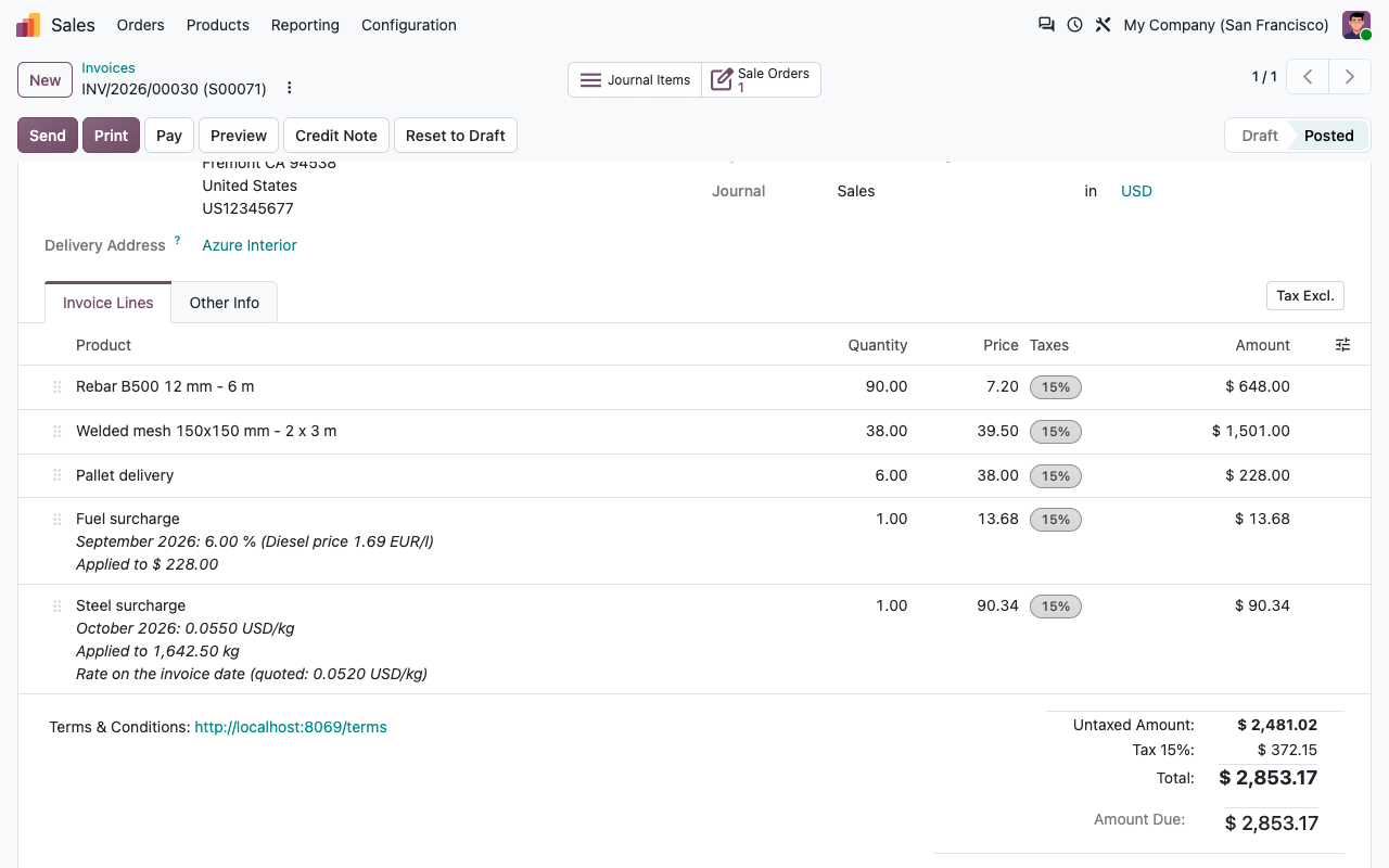 Invoice: steel surcharge recomputed at the invoice date rate, with the quoted rate shown on the line