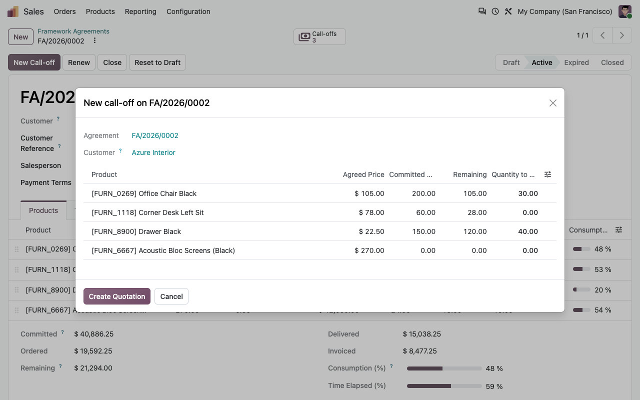 Assistant de nouvelle commande d’appel : quantité restante par produit et quantité à commander