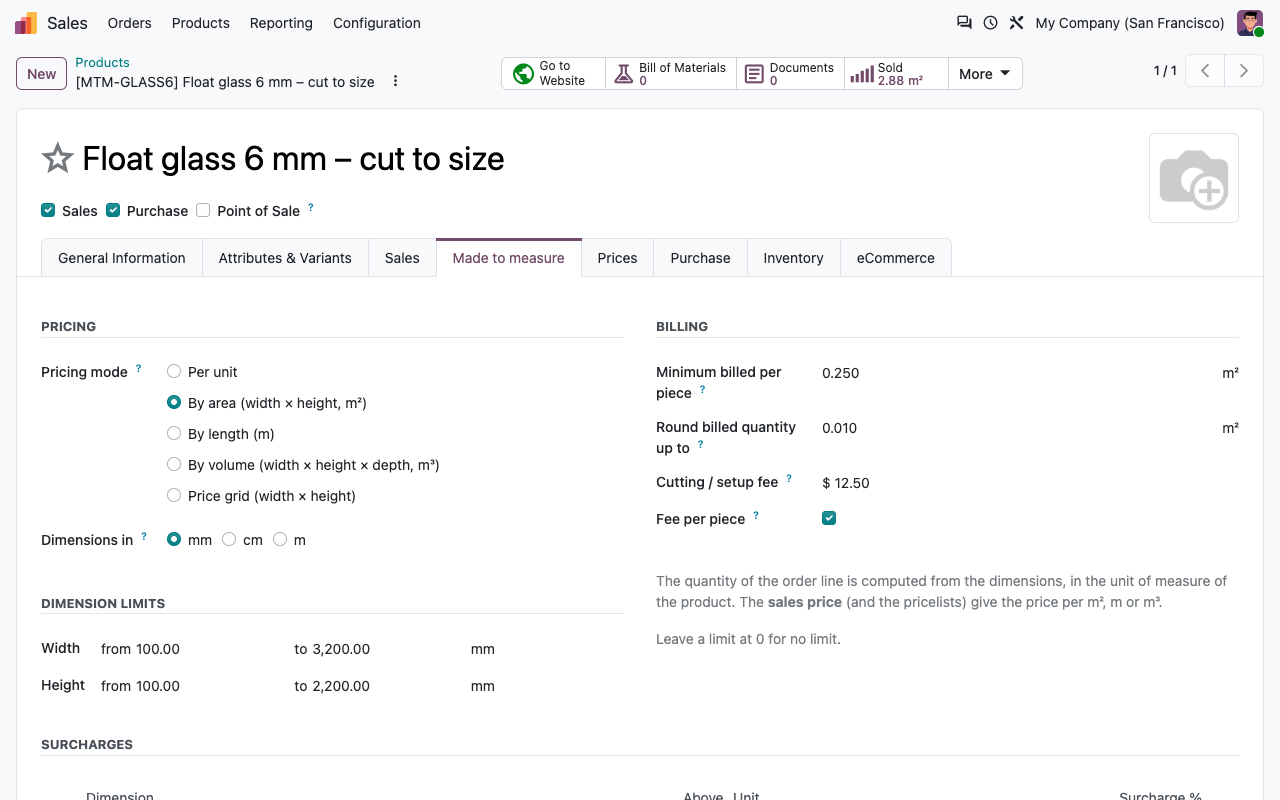 Onglet Sur mesure d’un produit tarifé à la surface