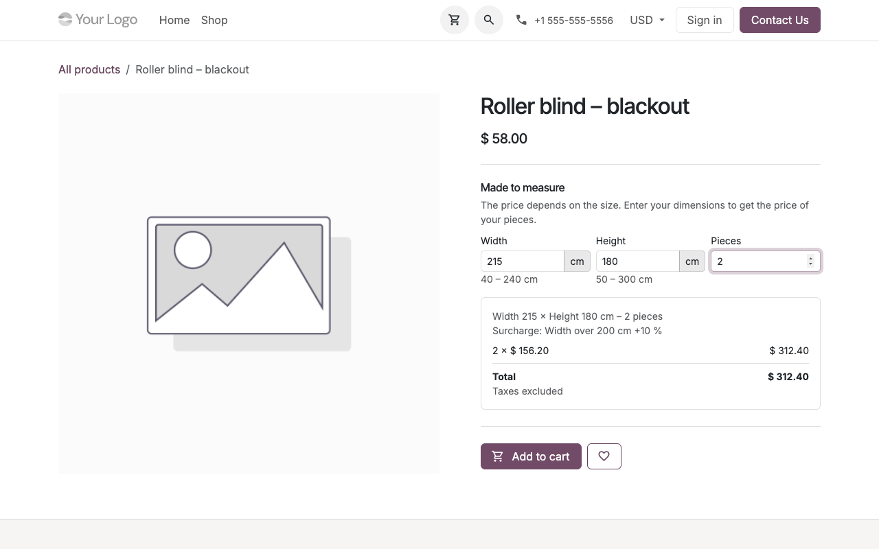 Page produit d’un store enrouleur avec les dimensions et le prix en direct