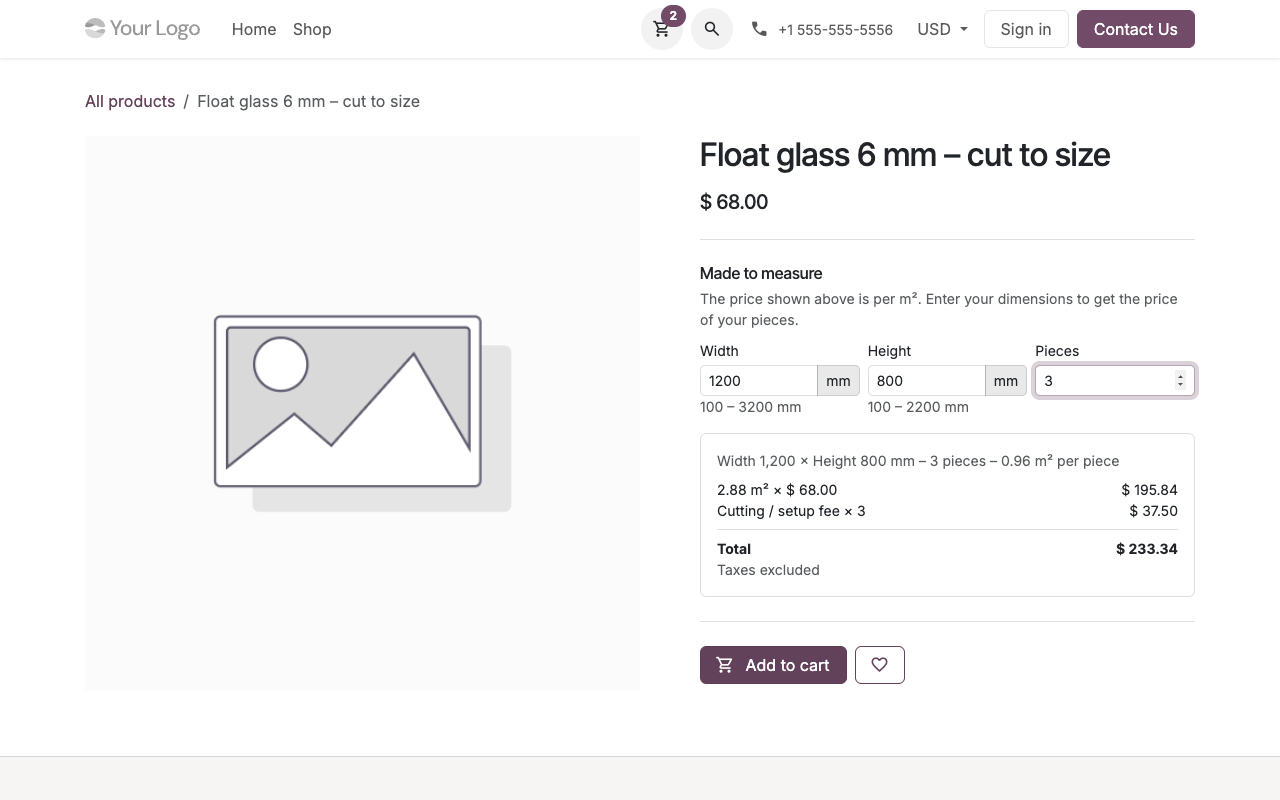 Glass priced by area with a cutting fee
