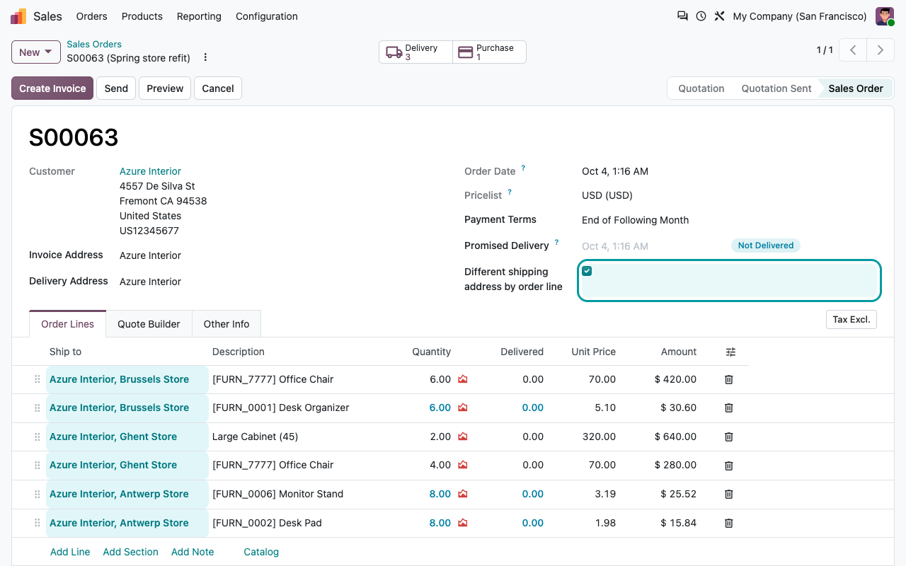 Sales order with the Different shipping address by order line option and a Ship to address on each line