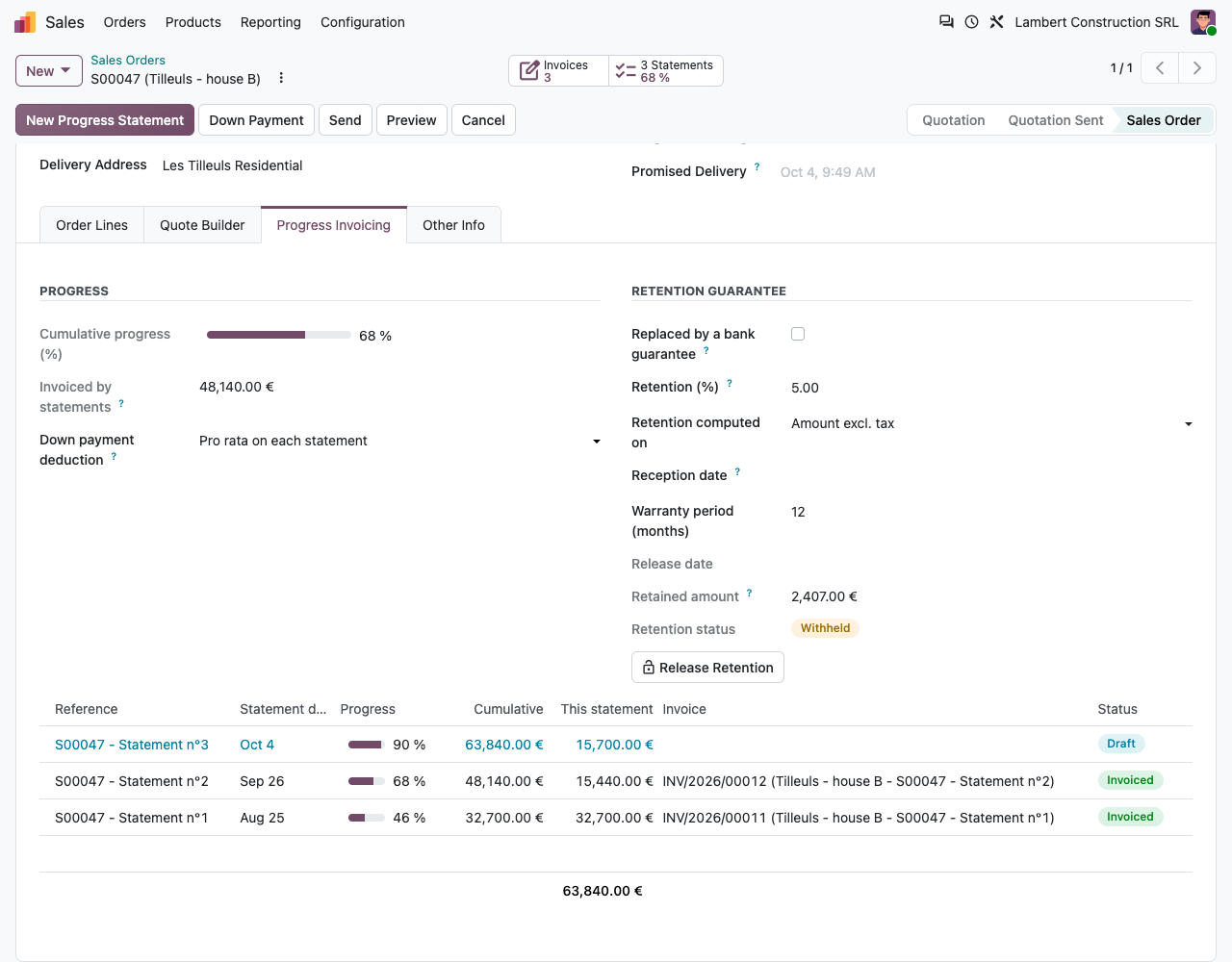 Onglet Progress Invoicing du bon de commande : avancement cumulé, paramètres de retenue, montant retenu et situations