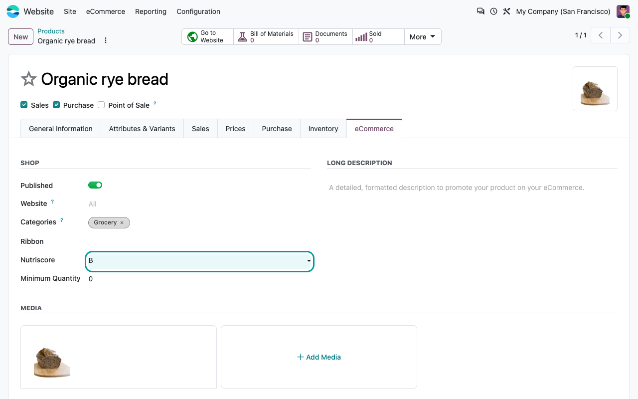 Fiche produit, onglet eCommerce : le champ Nutriscore dans la section Boutique