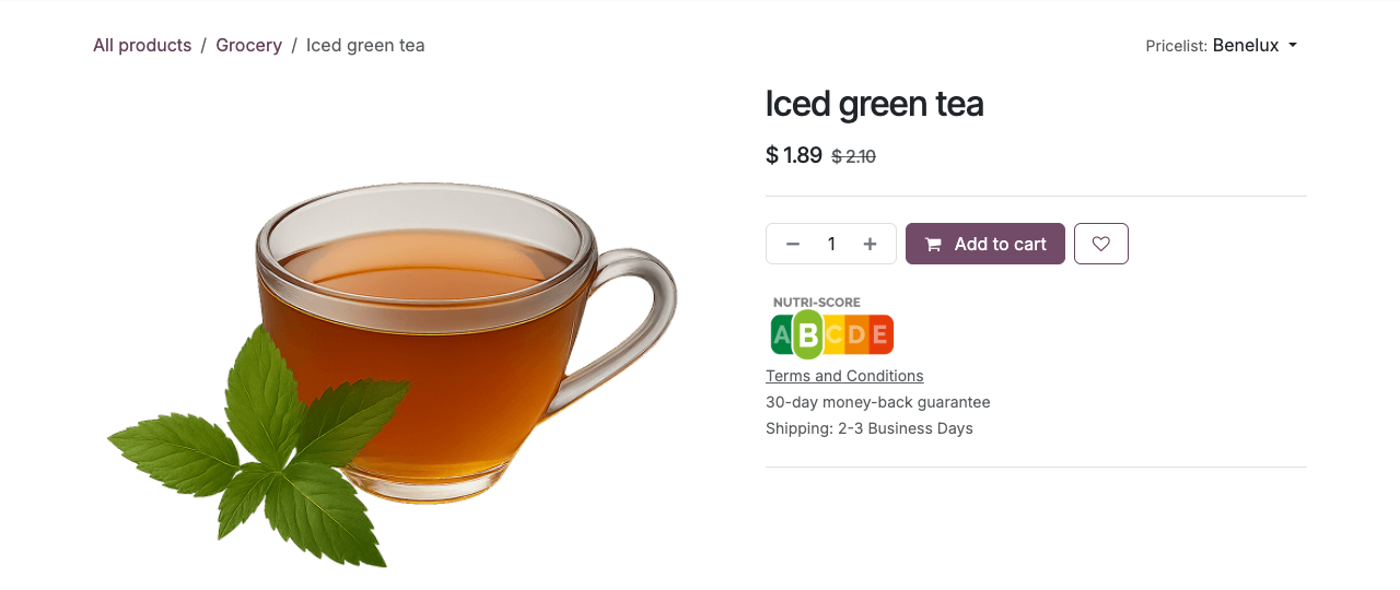 Page produit eCommerce avec le badge Nutri-Score sous le bouton Ajouter au panier