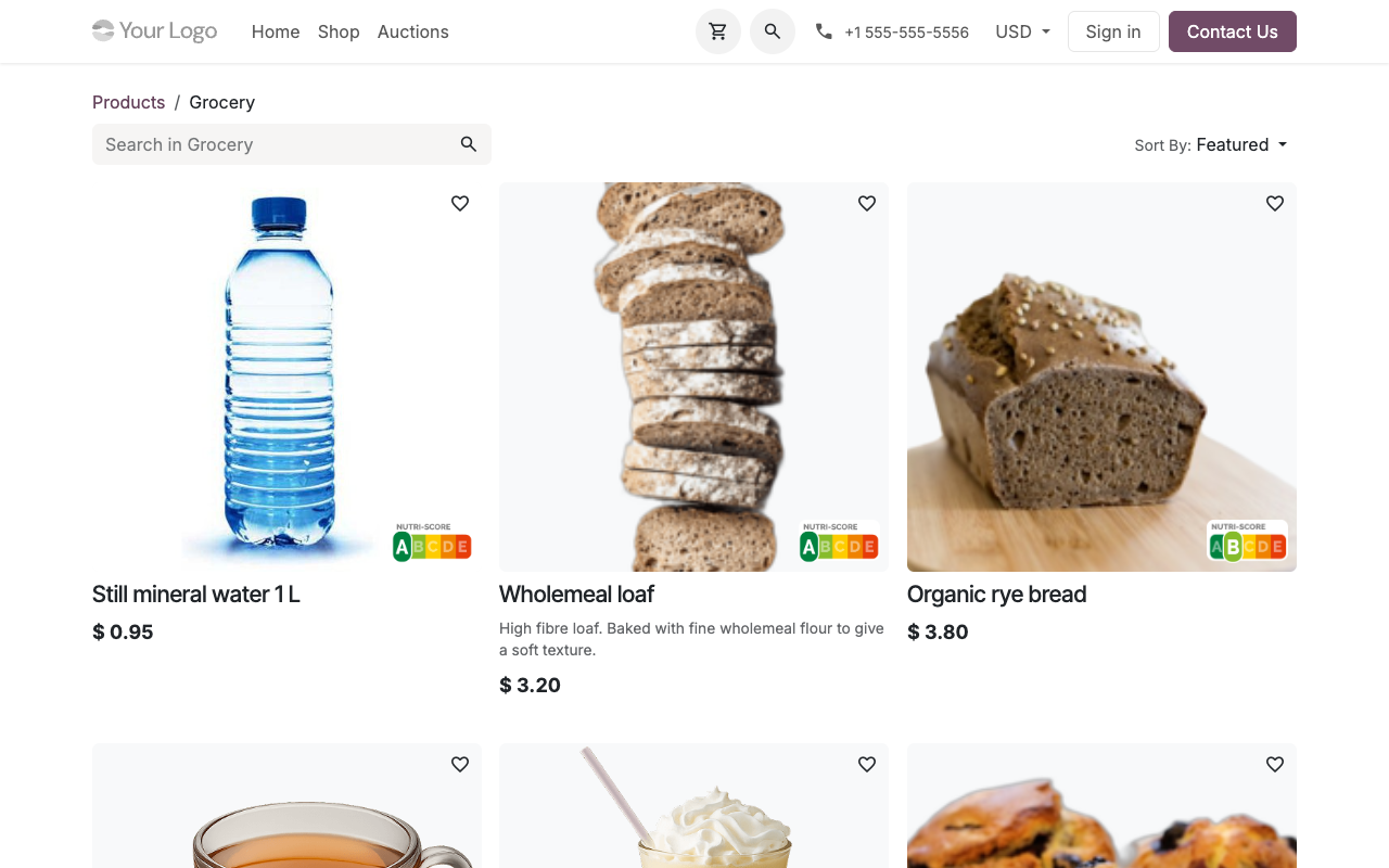 Grille de la boutique eCommerce : chaque produit alimentaire affiche son badge Nutri-Score dans le coin inférieur droit de son image