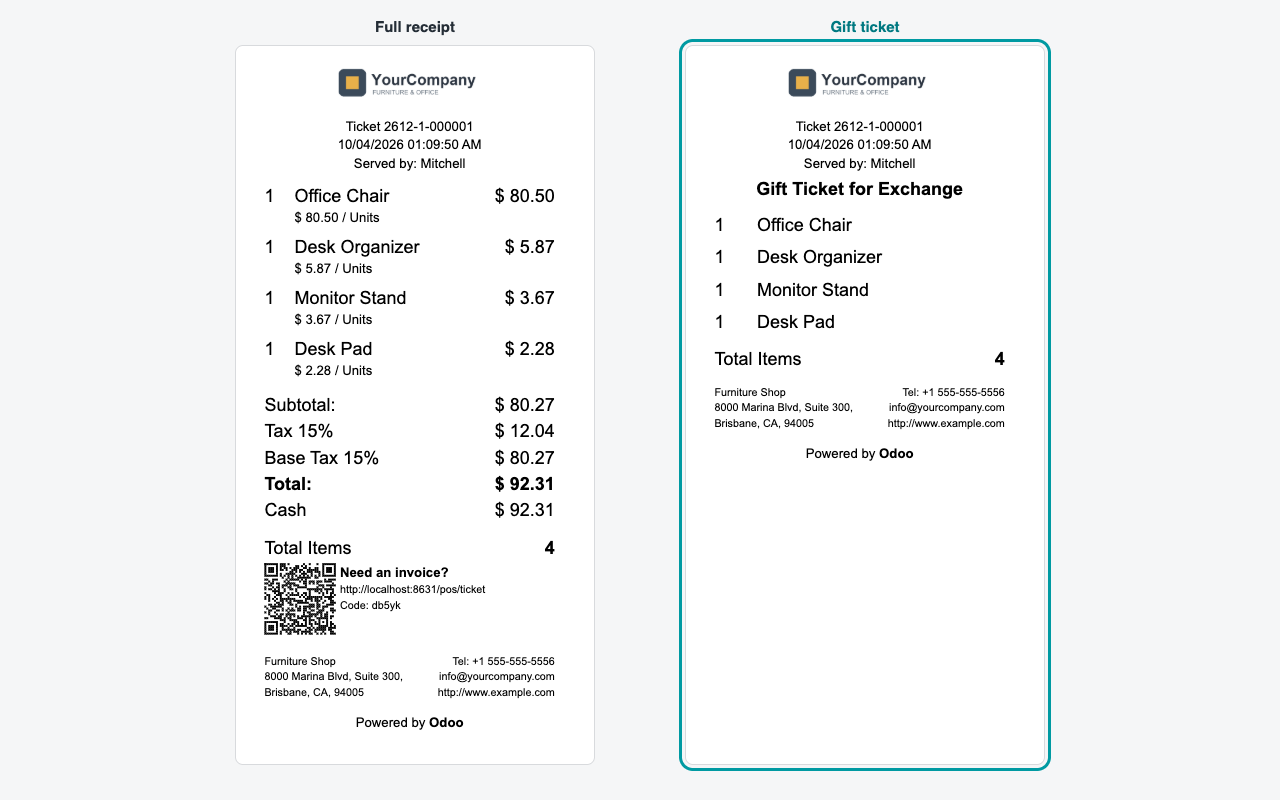 Ticket complet et ticket cadeau de la même commande Point de Vente