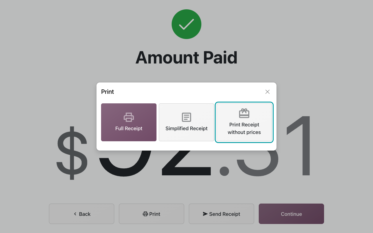 Fenêtre Imprimer du Point de Vente avec l’option Imprimer le ticket sans prix à côté de Ticket complet et Ticket simplifié