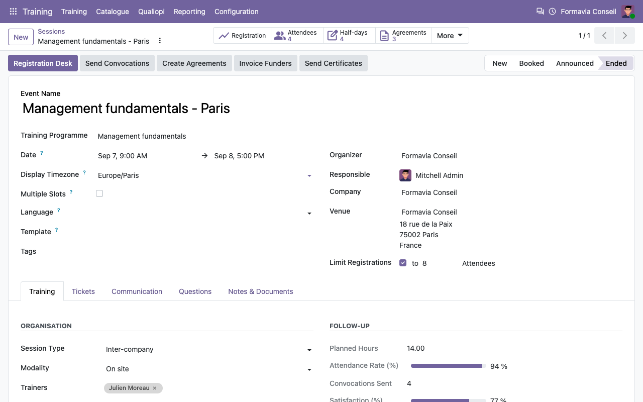 Session de formation : programme, formateurs, modalité, taux d'assiduité, satisfaction et note d'évaluation
