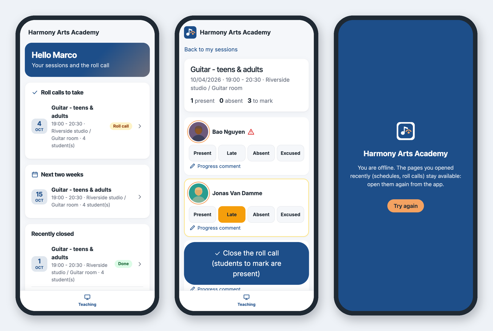 Séances du professeur, appel et page hors ligne de l'app