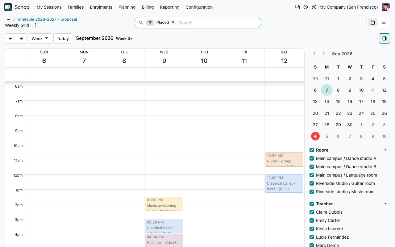 La proposition dans le calendrier, sur une semaine de référence