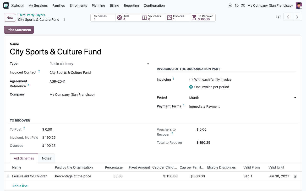 A public aid fund with its scheme, invoicing per month and the amount to recover