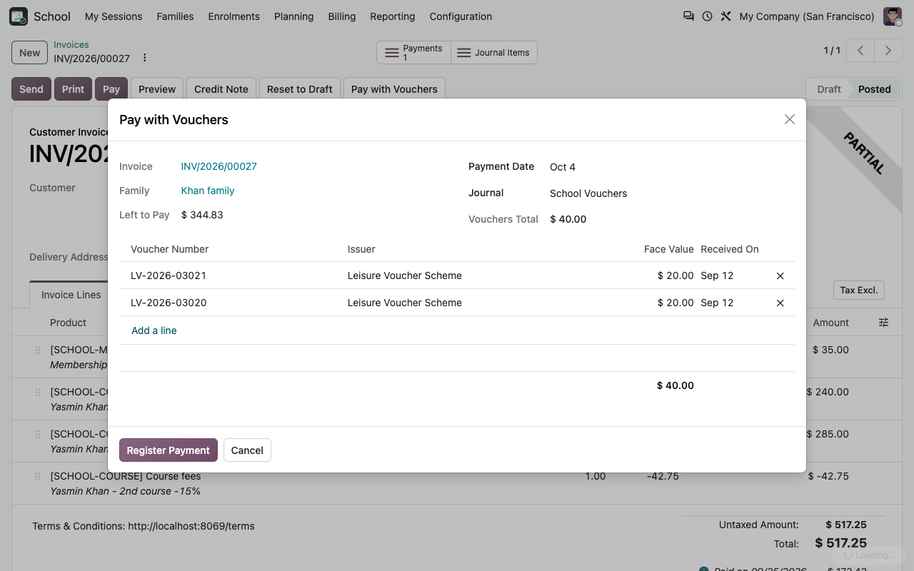 Pay with Vouchers on a family invoice