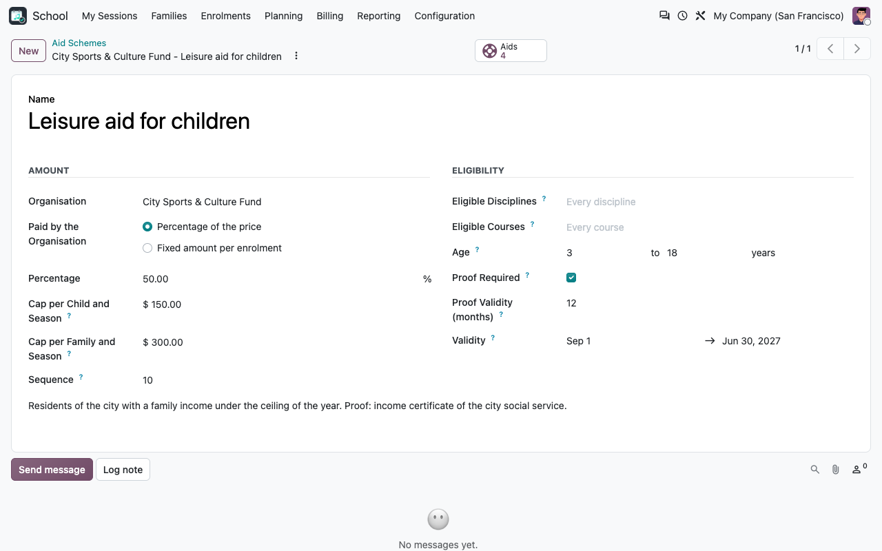50% of the price, capped at 150 per child and 300 per family, ages 3 to 18