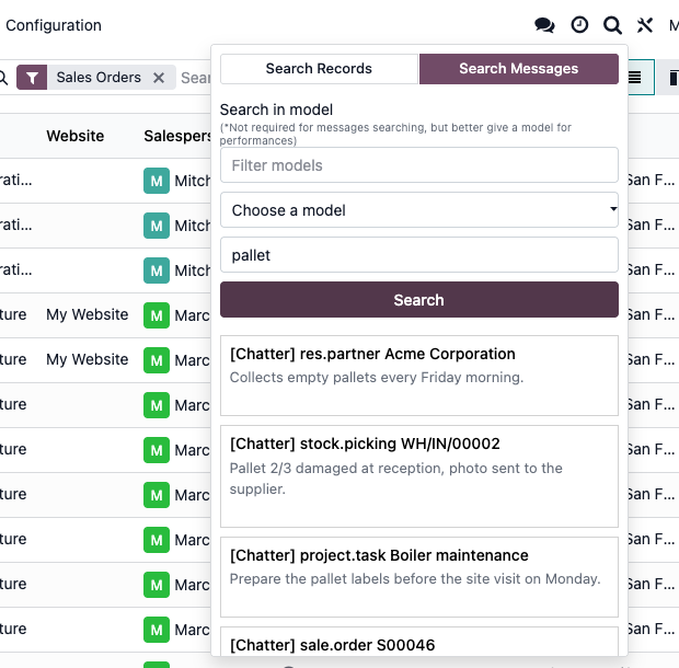 Search Messages : chaque note mentionnant « pallet », quel que soit le document