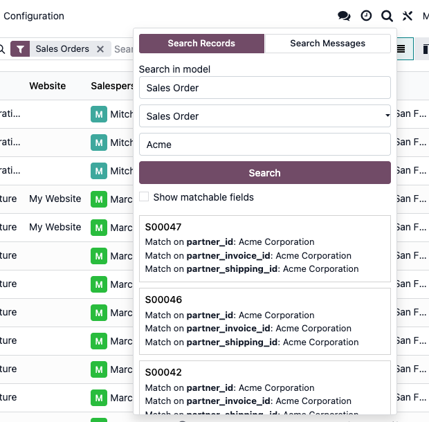 Search Records : bons de commande correspondant à « Acme », avec les champs correspondants