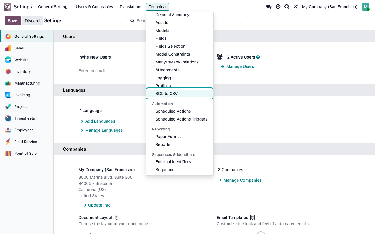 Paramètres, menu Technique en mode développeur : Structure de la base de données, SQL vers CSV