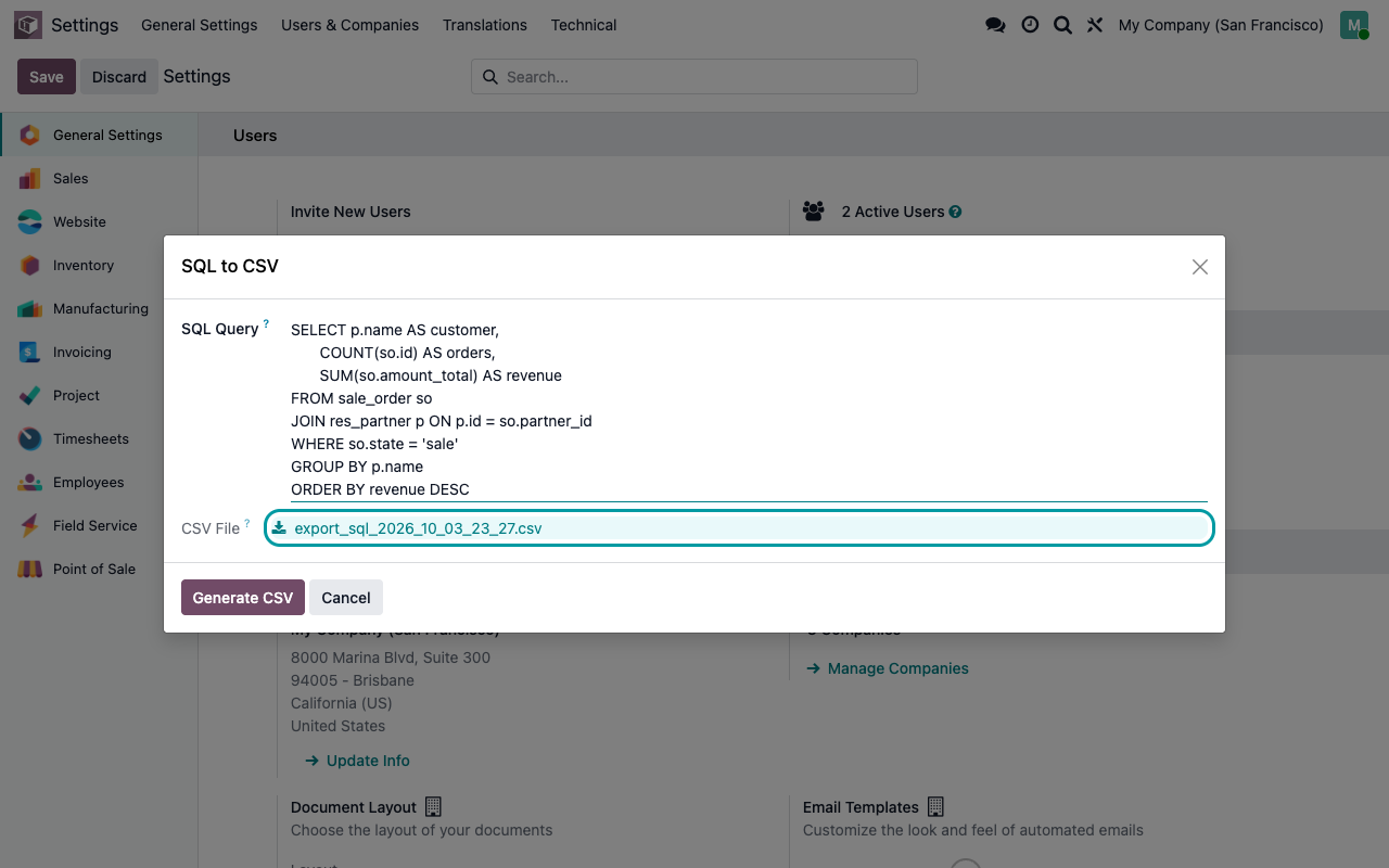 Fenêtre SQL vers CSV : une requête sur les commandes clients et le fichier CSV généré, prêt à être téléchargé