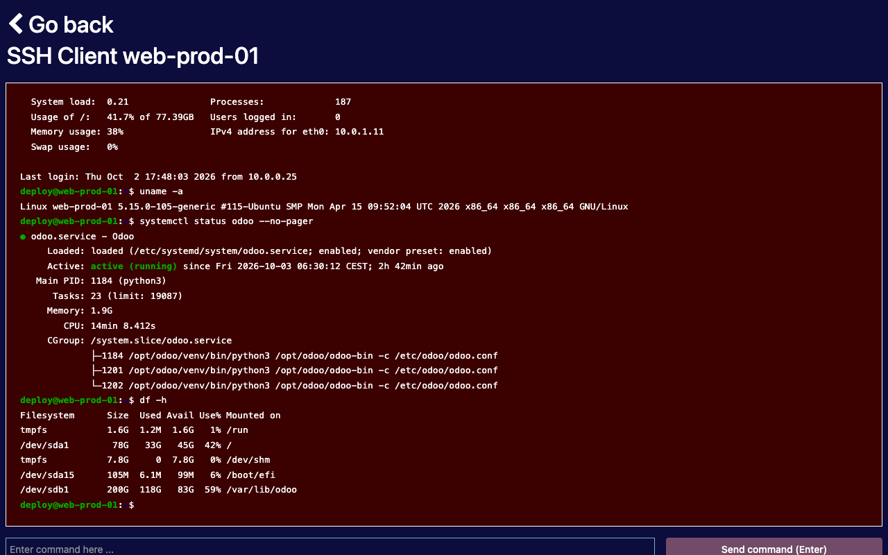 Terminal SSH plein écran dans Odoo connecté à web-prod-01, affichant la sortie de systemctl et df