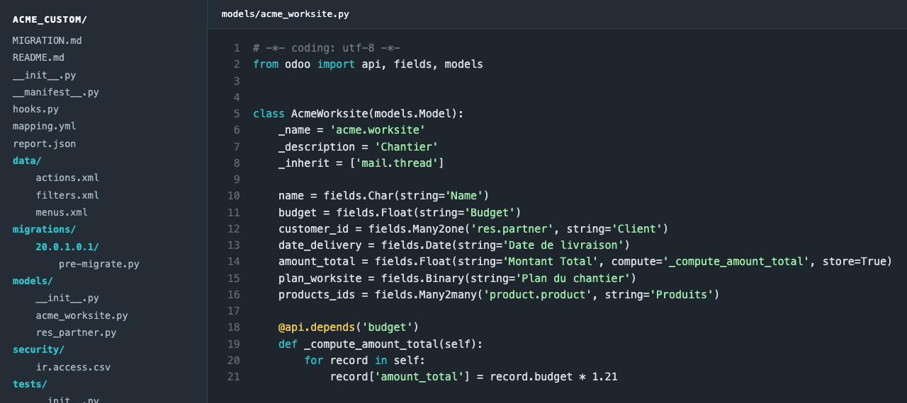 Module généré : arborescence des fichiers et classe de modèle convertie à partir d’un modèle personnalisé Studio