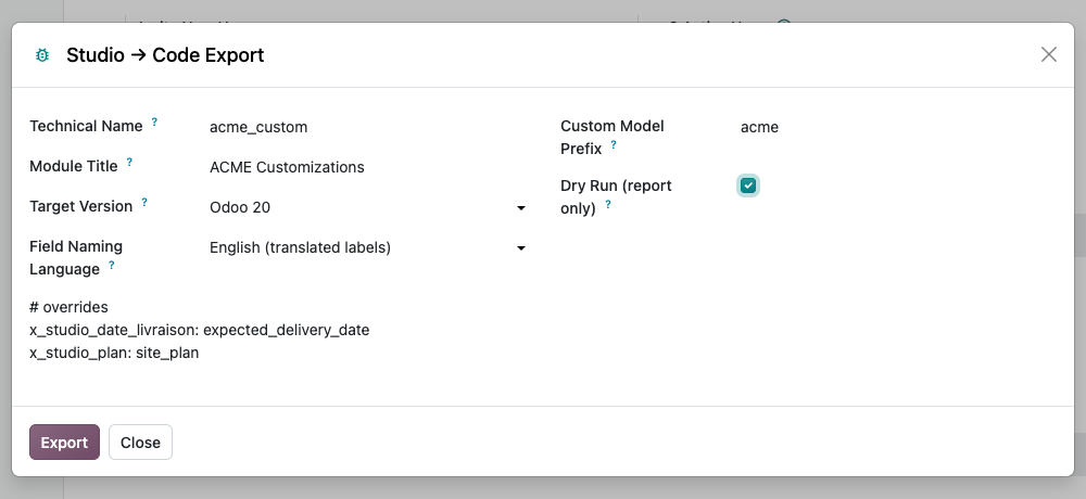 Assistant d’export : nom technique, titre, version cible, langue de nommage, préfixe, correspondances et simulation