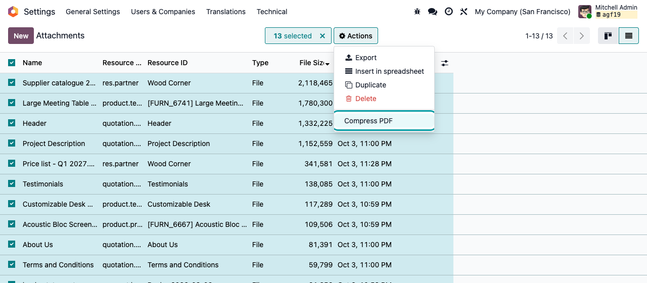 Liste des pièces jointes avec l'action Compresser le PDF dans le menu Actions