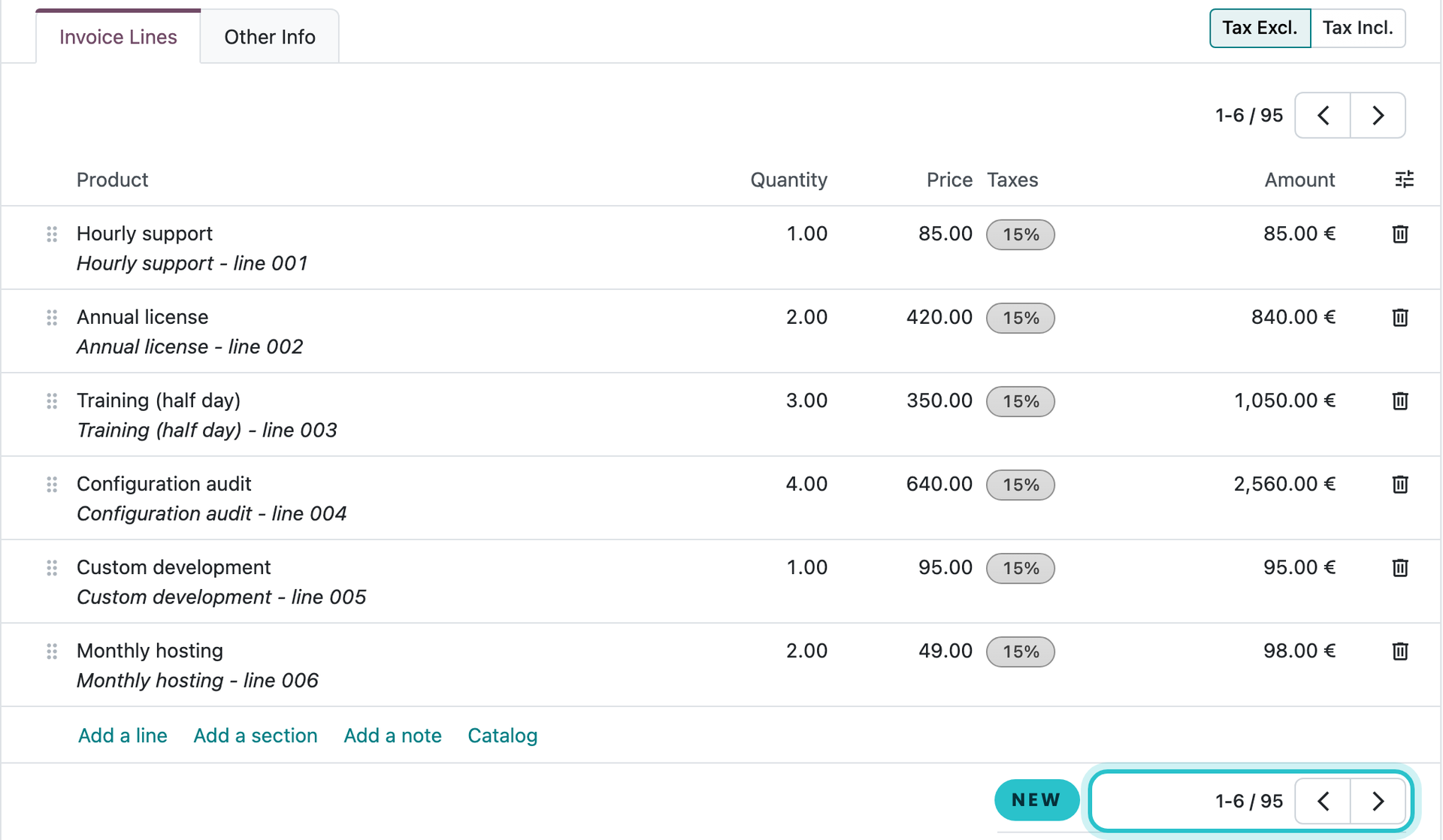 Invoice lines with a pager added under the lines