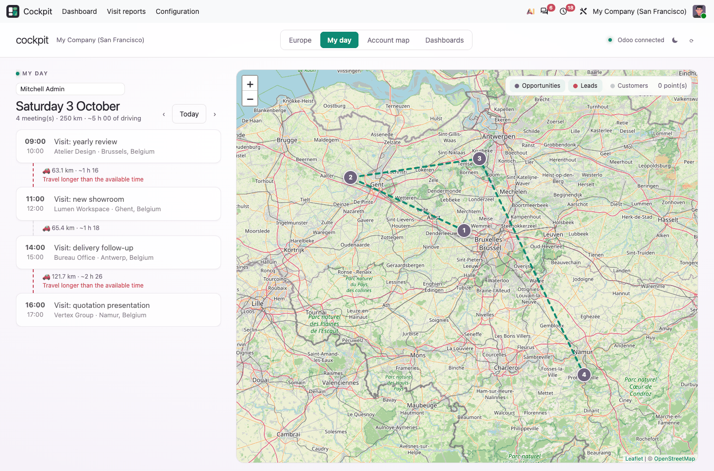 Ma journée : rendez-vous, temps de trajet et itinéraire sur la carte