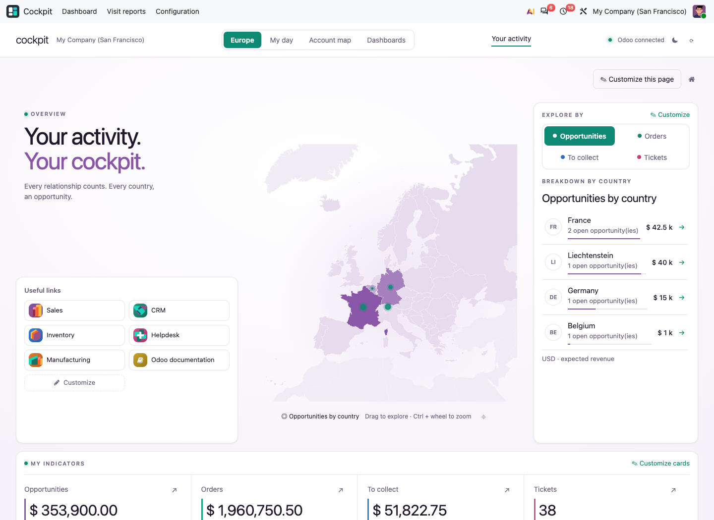 Page d'accueil : carte d'activité, répartition par pays, liens utiles et indicateurs